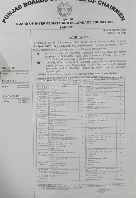 Bise Gujranwala Board Inter 2nd Year Date Sheet 2024