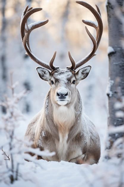 Premium Ai Image A Deer With Large Antlers Standing In A Snowy Forest