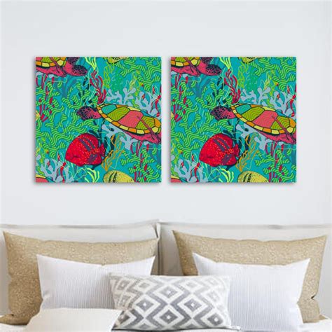 Ownta Sea Turtles Tropical Fish Pattern 2pc Canvas Wall Art Paintings