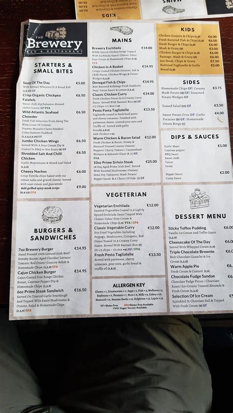 Menu At Brewery Bar And Restaurant Letterkenny