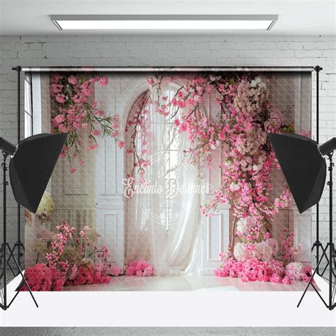 White Wall Curtain Pink Floral Backdrop For Wedding - Lofaris