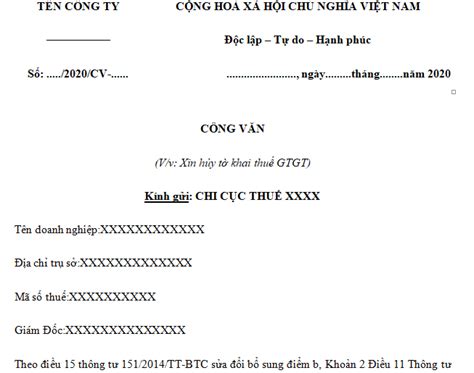 Công văn xin hủy tờ khai Thuế GTGT do kê khai sai mới nhất