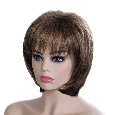 SEVENCOLORS Short Hair Wigs With Bangs Dark Brown Mixed Blonde Pixie