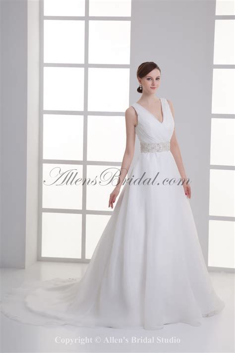 Allens Bridal Organza V Neckline Ball Gown Sweep Train Sash Wedding Dress