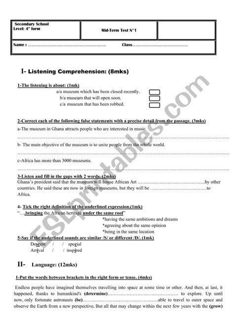 Th Form Mid Term Test N Esl Worksheet By Madamboutheina