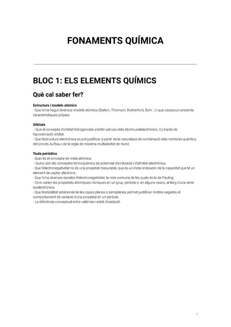 Apunts Química 1 Fonaments QuÍmica Bloc 1 Els Elements QuÍmics Què Cal Saber Fer Estructura