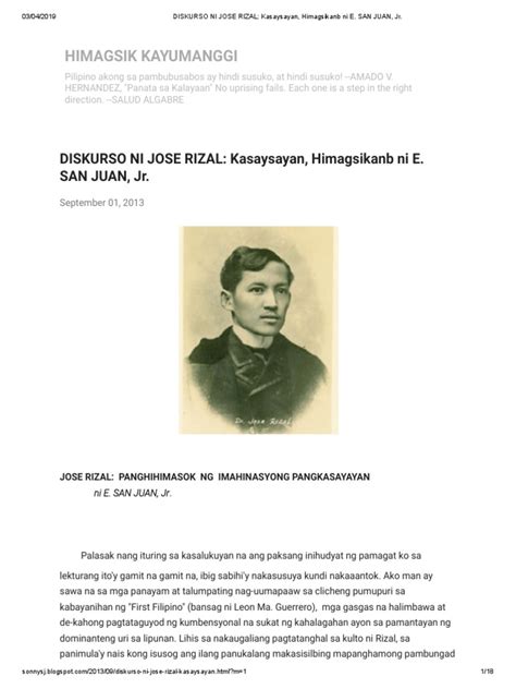 Diskurso Ni Jose Rizal Kasaysayan Himagsikan Ni E San Juan Jr Pdf