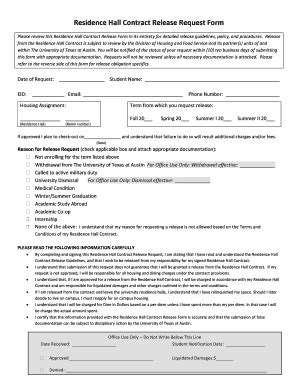 Fillable Online Utexas Residence Hall Contract Release Request Form