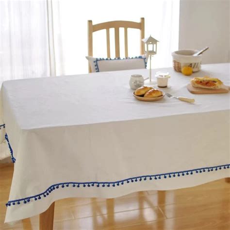 White Linen Tablecloth With Bule Tassel Blue Tassel Etsy Uk