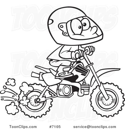 Cartoon Black And White Line Drawing Of A Boy Riding A Dirt Bike 7105