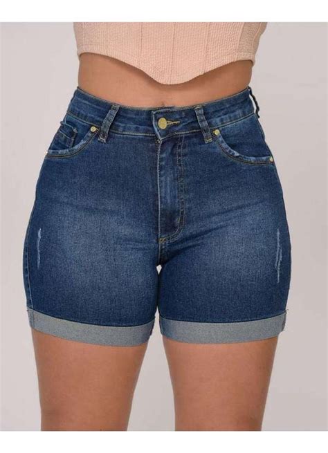 Bermuda Jeans Feminina Meia Coxa Ao Shyros Azul Madame Geri