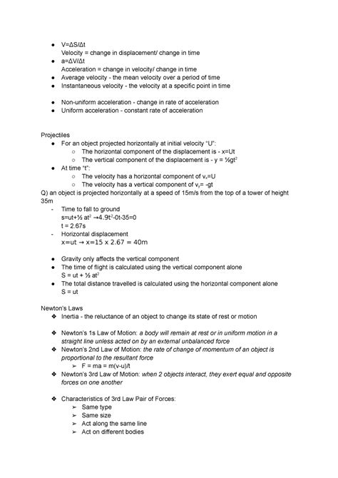 Mechanics Physics Contains Suvat Equations And Newtons Law VΔs