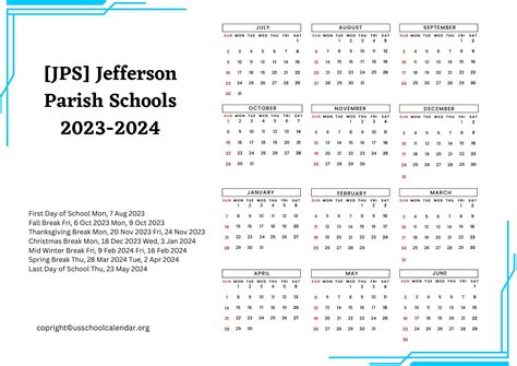 [JPS] Jefferson Parish Schools Calendar with Holidays 2023-2024