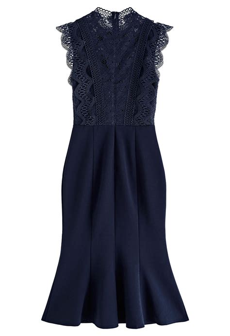 Crochet Lace Spliced Sleeveless Mermaid Dress In Navy Retro Indie