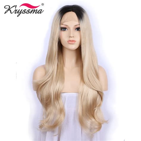 Platinum Blonde Wig Dark Roots Lace Front Synthetic Wigs Ombre Two