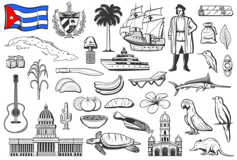 Cuba national symbols, cuisine and nature icons 23592675 Vector Art at ...