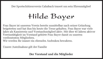 Traueranzeigen von Hilde Bayer Schwarzwälder Bote Trauer