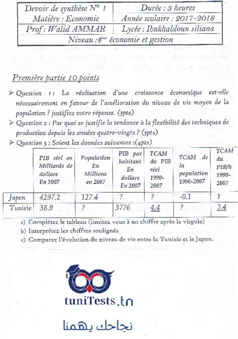 Devoir De Synthese N1 Bac Economie Et Gestion Mr Walid Ammar Lycee