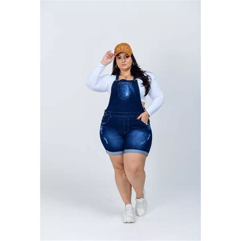 Jardineira Feminina Jeans Plus Size Cintura Alta Lycra Escura