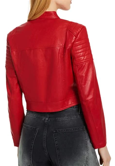 Womens Red Faux Leather Biker Racing Jacket