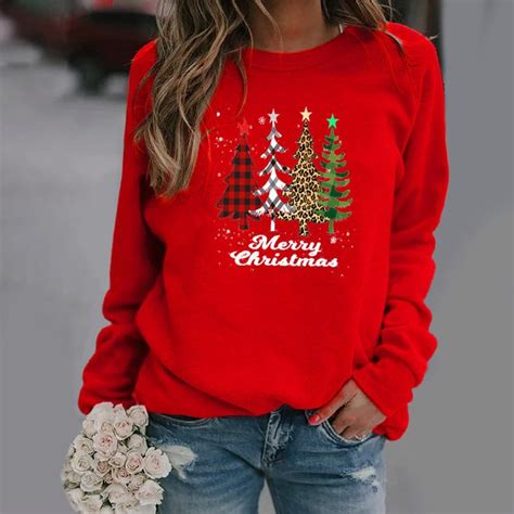 Women Christmas Tops Printed Multicolor Long Sleeve Plus Size Hoodies