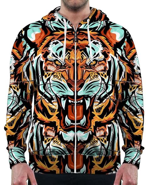 Fractal Tiger Zip Up Hoodie Male Front Tiger Hoodie Hoodies Womens