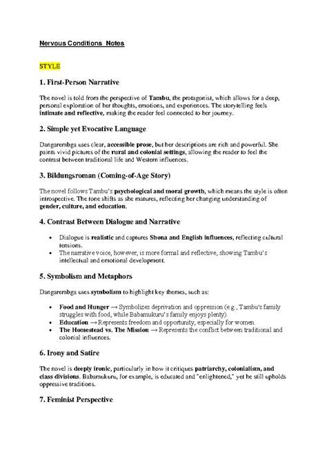 Nervous Conditions (EXAM) Study Notes: Themes, Characters, and Analysis