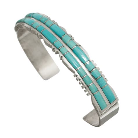 Zuni women bracelet inlaid of 2 rows of Sleeping Beauty turquoise ...