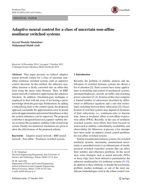 Pdf Adaptive Neural Control For A Class Of Uncertain Non Affine