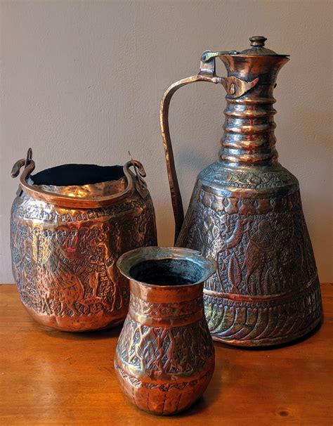 Antique Turkish Embossed Copper Water Jug Handled Pot And Vase