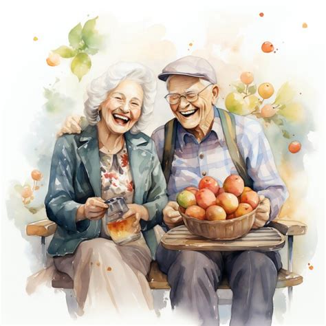 Una Pareja De Ancianos Sentados En Un Banco Con Una Canasta De Frutas Y