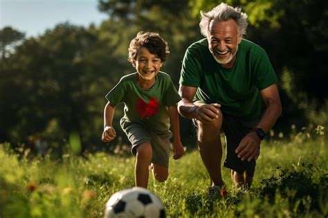 Premium Ai Image Grandfather Playing Football With His Grandson