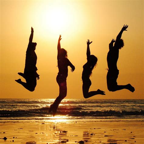 HD wallpaper: silhouette of four people jumping, sunset, beach, group ...