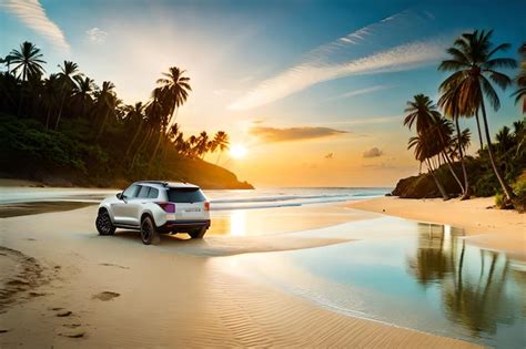 Premium Ai Image A White Suv Drives On A Beach With Palm Trees In The