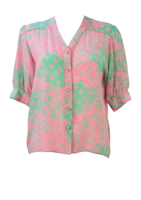 Silk Short Sleeve Blouse With Mint Green And Pink Floral Pattern M L