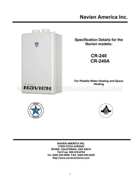 Navien CR-240 T-Creator Water Heater Specifications Sheet | Water Heater Manuals