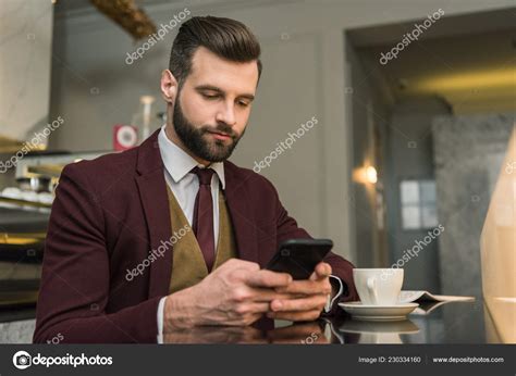 Handsome Businessman Formal Wear Sitting Table Coffee Using Smartphone