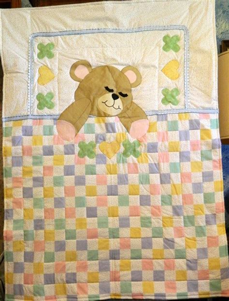 Sleepy Bear Quilt Blue Trim Etsy Bear Quilts Quilts Blue Quilts