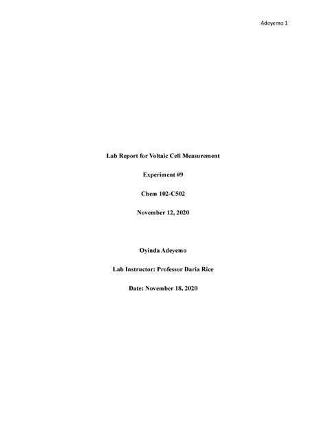 Voltaic Cell Measurements Lab Report For Voltaic Cell Measurement