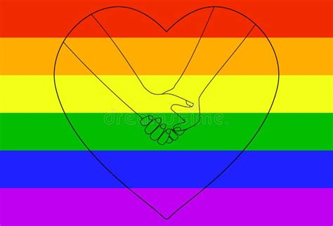 Lgbt Rainbow Flag With Heart And Holding Hands Outline The Concept Of