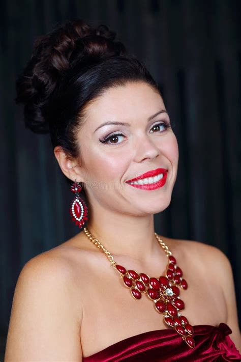 Pretty Brunette Woman With Red Bijouterie Poses In Stock Image Image Of Necklace Model 317414463