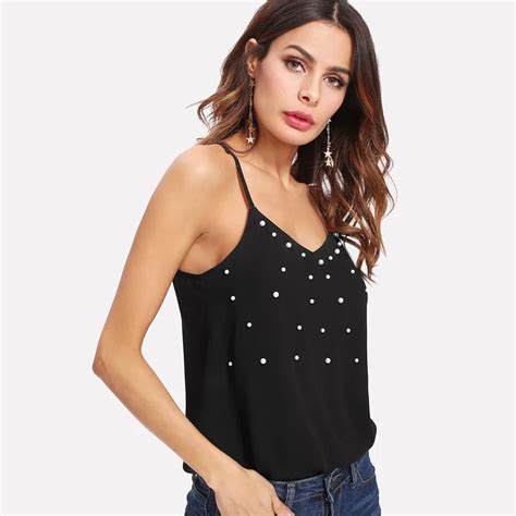 Sleeveless Pearl Embellished Chiffon Cami Tops Women Summer Black