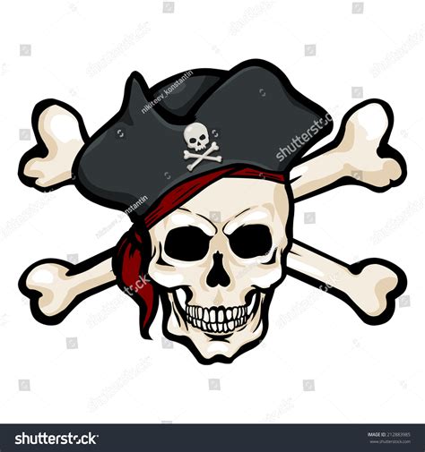 Vector Single Cartoon Pirate Skull In Tricorn With Cross Bones