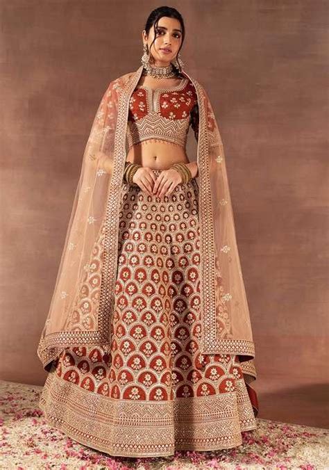 Buy Women Rust Zari Floral Boota Embroidered Bridal Lehenga Set With