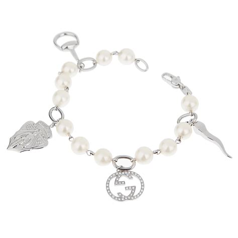 Gucci GG Diamond White Gold Pearl Charm Bracelet – Opulent Jewelers