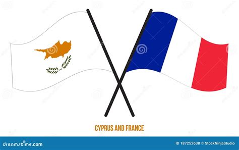 Cyprus And France Flags Crossed And Waving Flat Style Official