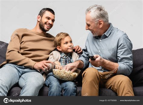 Happy Mature Man Sitting Sofa Remote Controller Son Grandson Bowl Stock Photo By HayDmitriy