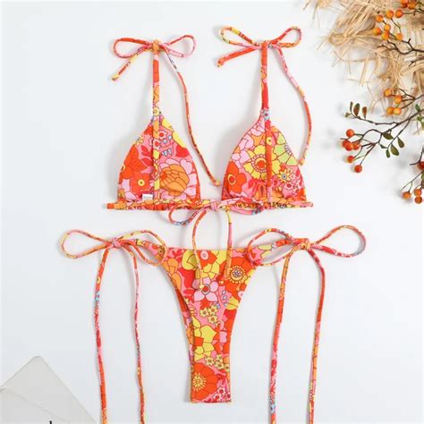 Sexy Flower Print Bikini 3 Women Swimsuit Female Swimwear Thong Bikinis