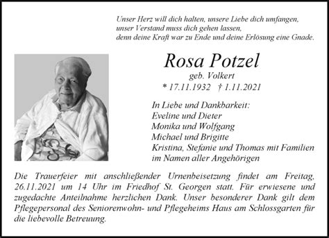 Traueranzeigen Von Rosa Potzel Nordbayerischer Kurier