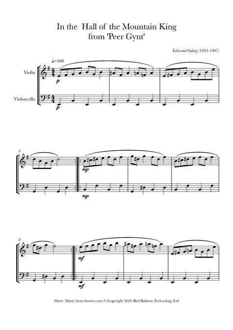 Grieg In The Hall Of The Mountain King Sheet Music For Violin Cello